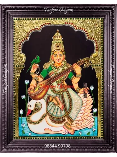 Saraswathi Authentic Tanjore Style painting seated swan veena parrot gold foil artwork